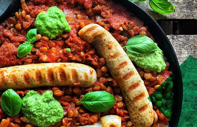 2 Würste in Tomatensoße mit Linsen in einer Pfane