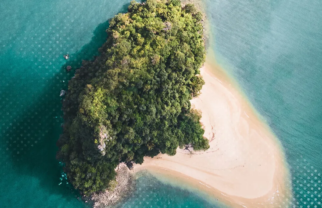 sehr kleine Insel, die zur Hälfte mit Wald bedeckt ist inmitten eines blauen Meeres