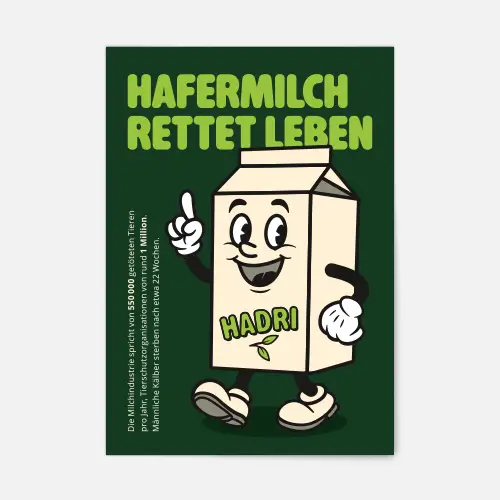 Veganer Aufkleber zeigt Hadri, einen Hafermilch-Charakter mit dem Text "Hafermilch rettet Leben"